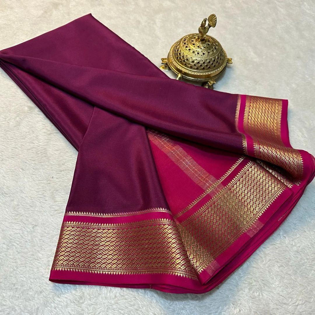 🥰 Exclusive  Zari Border  purple with Red   Colour Plain Mysore Silk Saree.🥰