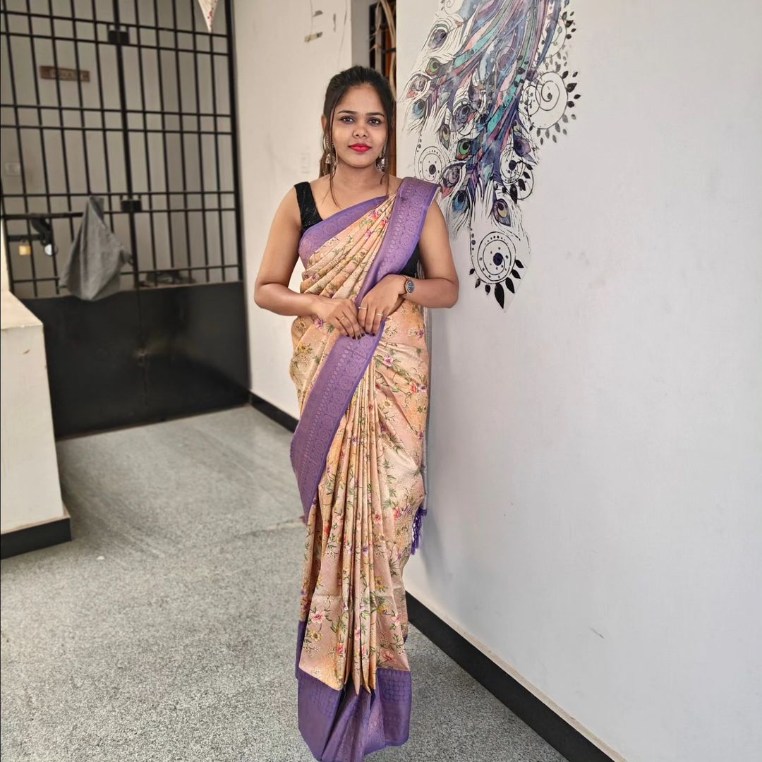 Grey with blue Color Digital Printed Function Wear Soft Silk Saree