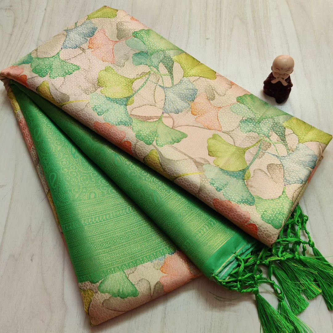 Green Flower Print Pattu Soft Silk Saree