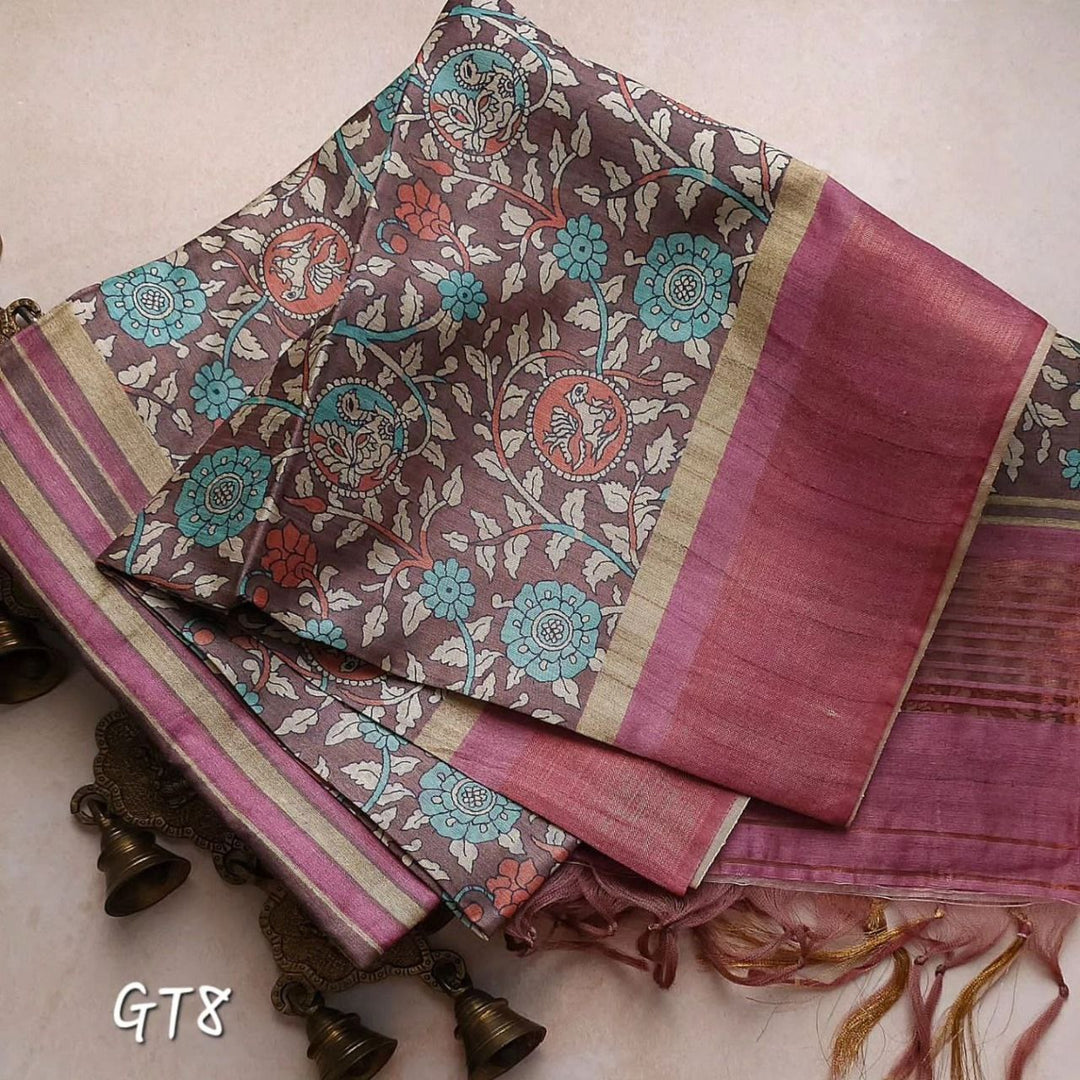 Radiant Assam Pattu Saree With Kalamkari Digital Artwork In Soft Silk