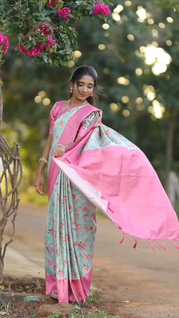 Cyan Pink Traditional Soft Silk Digital Print Saree