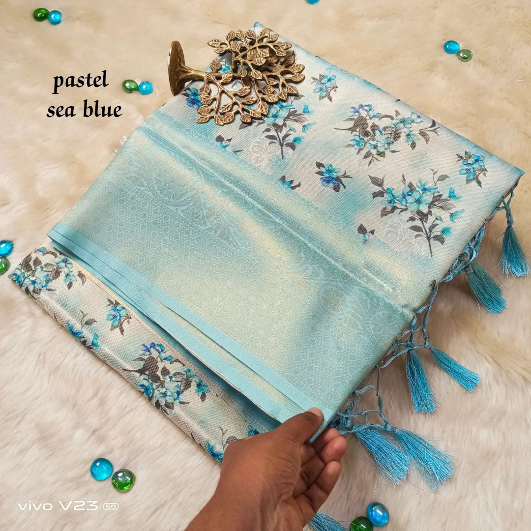 Classic Blue Kubera Pattu Inspired Silk Saree With Trendy Digital Prints