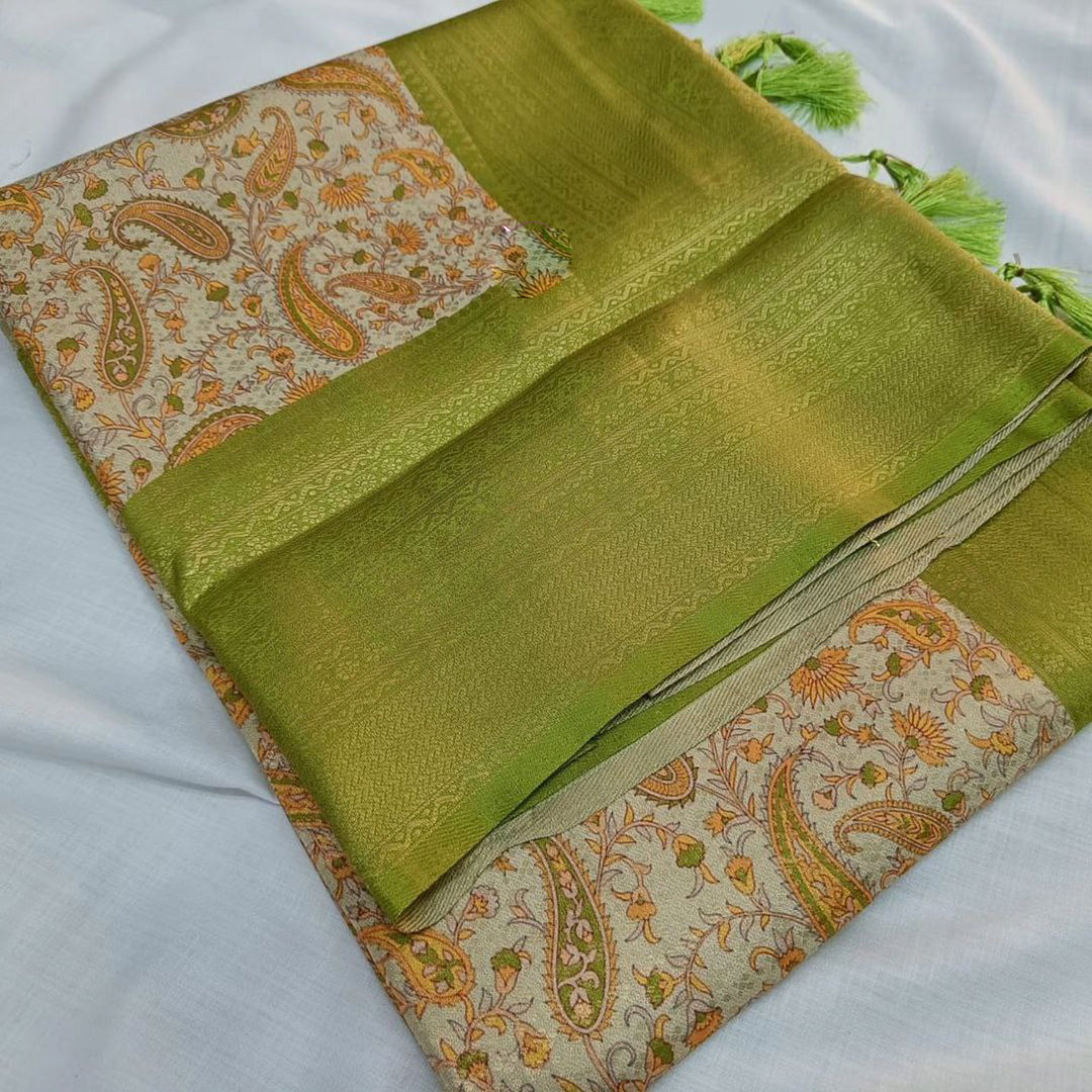 Soft Silks Digital Print Green Saree With Blouse